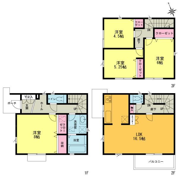 Floor plan. (1 Building), Price 42,800,000 yen, 4LDK, Land area 76.39 sq m , Building area 103.51 sq m