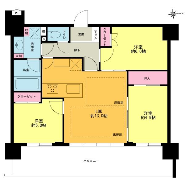 Floor plan. 3LDK, Price 25,900,000 yen, Occupied area 65.52 sq m , Balcony area 17.94 sq m