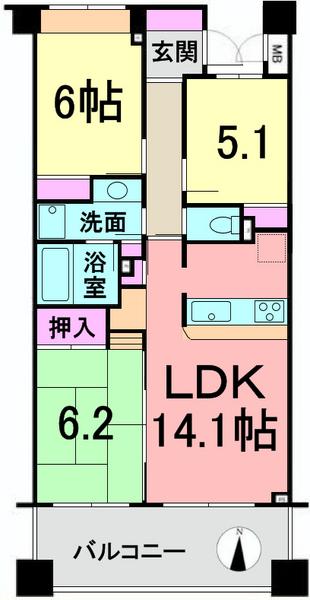 Floor plan. 3LDK, Price 28.8 million yen, Occupied area 69.65 sq m , Balcony area 12.6 sq m