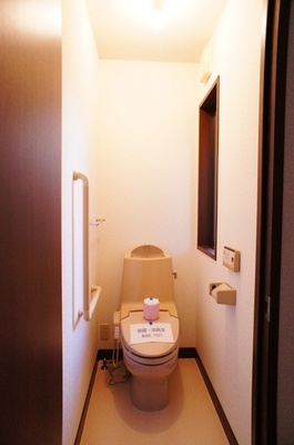 Toilet. Washlet with. With window. It is a handrail with a toilet. 