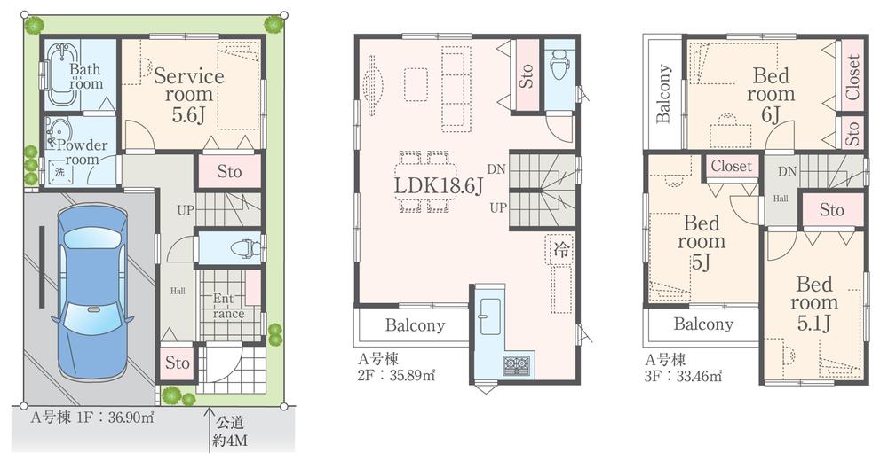 Floor plan. (A Building), Price 35,800,000 yen, 3LDK+S, Land area 60.97 sq m , Building area 106.25 sq m