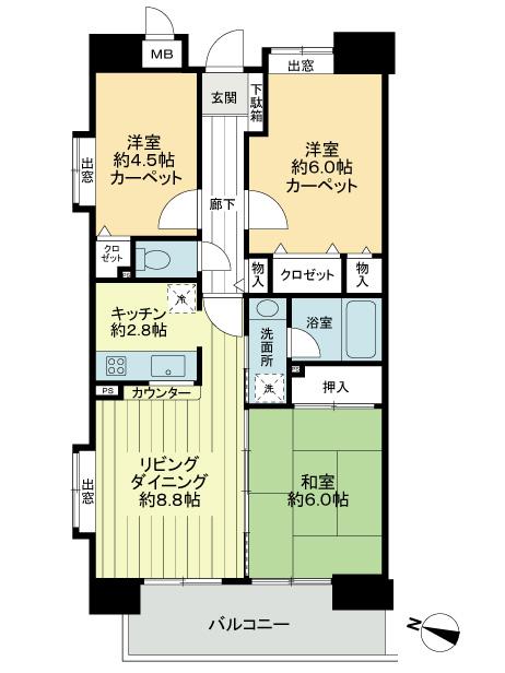 Floor plan. 3LDK, Price 30,900,000 yen, Footprint 60.9 sq m , Balcony area 7.8 sq m
