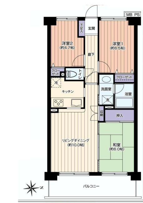 Floor plan. 3LDK, Price 21,800,000 yen, Footprint 64.8 sq m , Balcony area 9.6 sq m