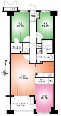 Floor plan. 3LDK, Price 24,990,000 yen, Occupied area 77.27 sq m , Balcony area 6.58 sq m renovation completed apartment LDK14 Pledge Walk-in closet Full opening of the door with the open-air space