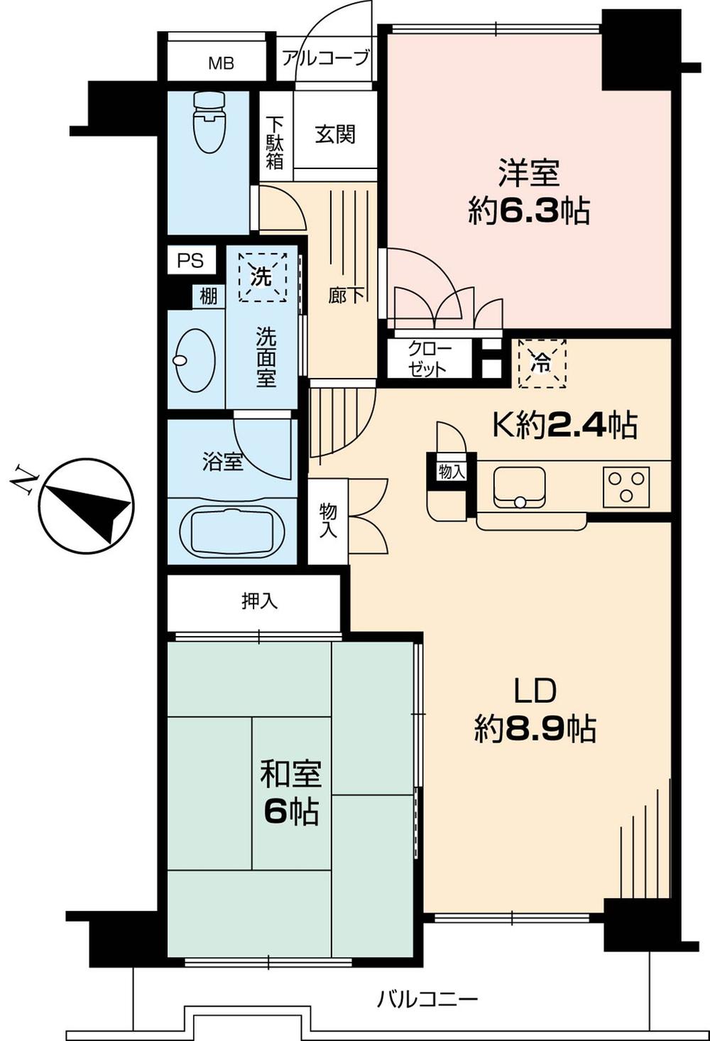Floor plan. 2LDK, Price 22,800,000 yen, Occupied area 55.63 sq m , Balcony area 6.36 sq m