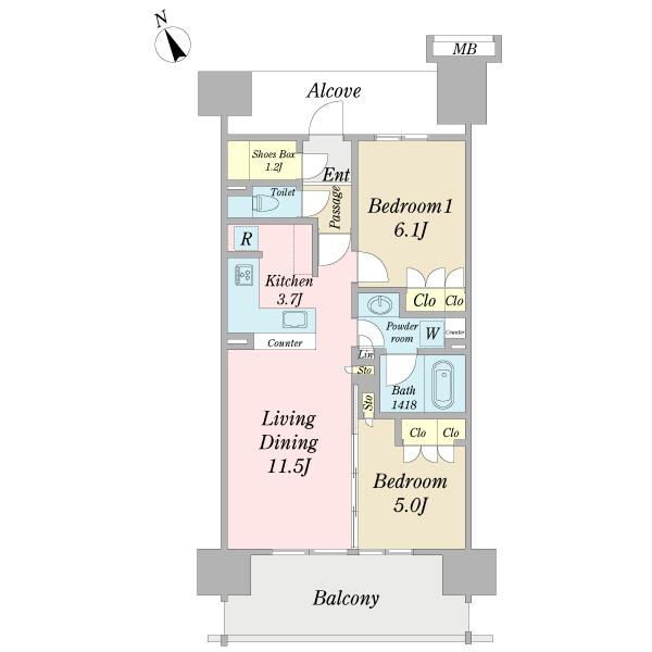 Floor plan. 2LDK, Price 32,900,000 yen, Occupied area 58.87 sq m , Balcony area 17.8 sq m