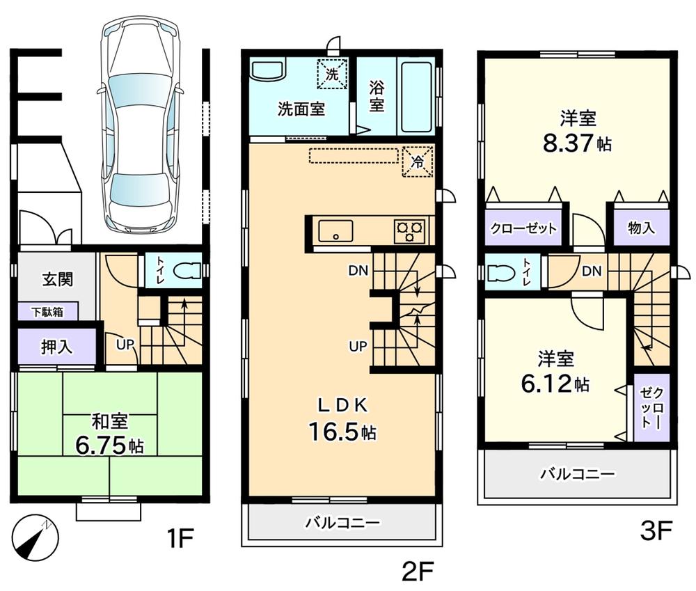 Floor plan. (B Building), Price 33,800,000 yen, 3LDK, Land area 72.63 sq m , Building area 98.73 sq m
