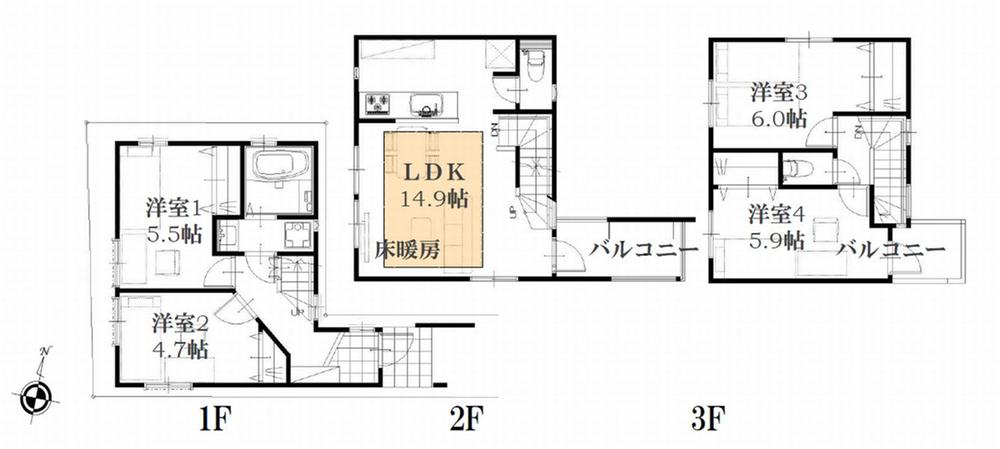 Floor plan. (H Building), Price 28.8 million yen, 4LDK, Land area 64.77 sq m , Building area 87.22 sq m