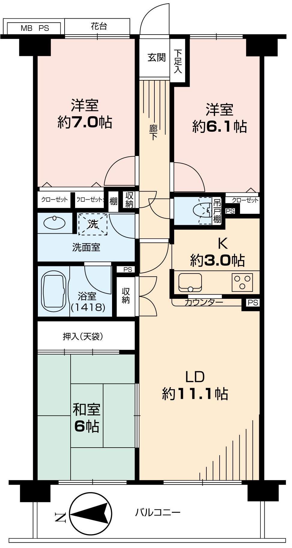 Floor plan. 3LDK, Price 21.5 million yen, Footprint 73.8 sq m , Balcony area 9.6 sq m