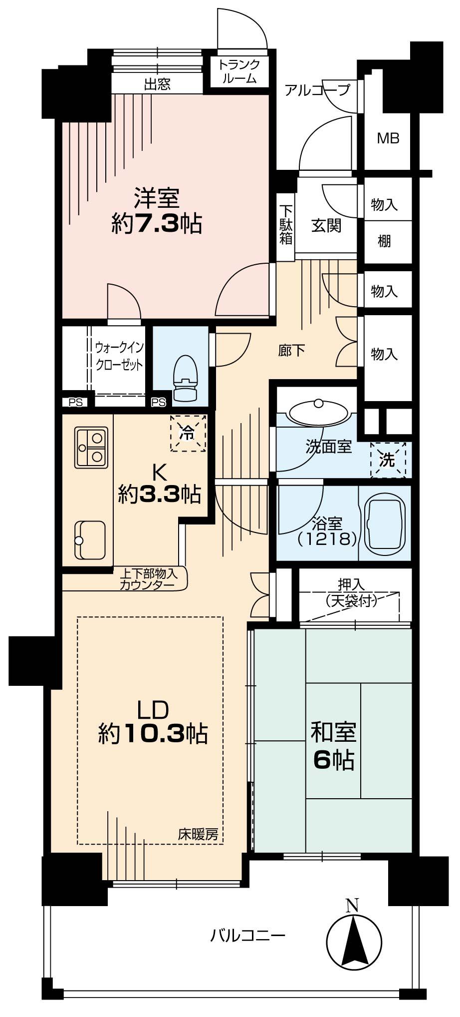 Floor plan. 2LDK, Price 24,800,000 yen, Occupied area 65.43 sq m , Balcony area 9.95 sq m