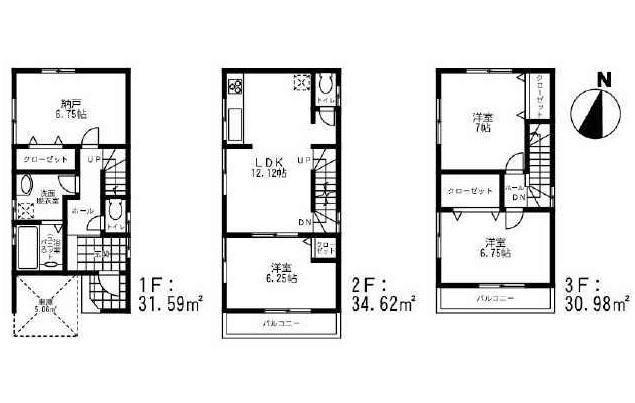 Floor plan. (3 Building), Price 39,800,000 yen, 3LDK+S, Land area 71.9 sq m , Building area 102.25 sq m