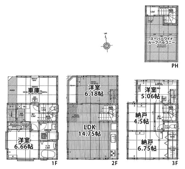 Floor plan. (1 Building), Price 41,300,000 yen, 3LDK+2S, Land area 55 sq m , Building area 115.92 sq m