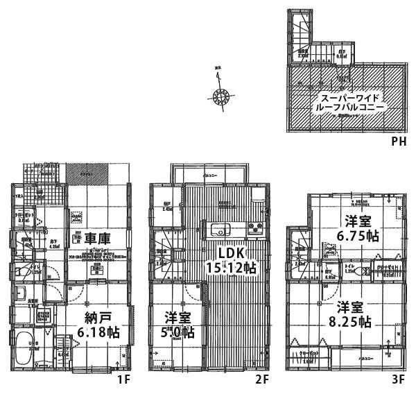 Floor plan. (Building 2), Price 39,800,000 yen, 3LDK+S, Land area 54.59 sq m , Building area 112.75 sq m