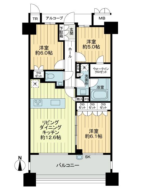 Floor plan. 3LDK, Price 33 million yen, Occupied area 68.59 sq m , Balcony area 12.93 sq m