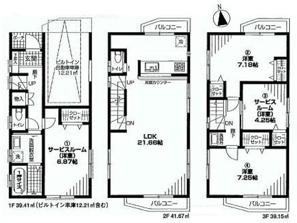 Floor plan. (3 Building), Price 37,300,000 yen, 2LDK+2S, Land area 57.58 sq m , Building area 120.23 sq m