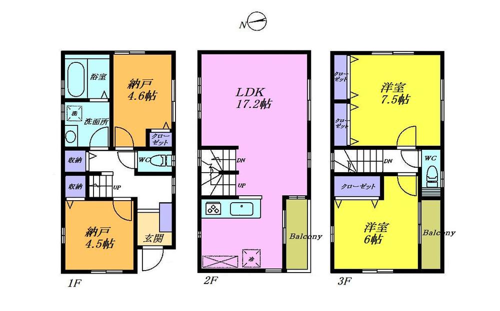 Floor plan. 31,800,000 yen, 2LDK + 2S (storeroom), Land area 60.02 sq m , It is attractive floor plan of LDk17.2 Pledge and the main bedroom 7.5 Pledge of building area 96.62 sq m face-to-face kitchen. All room is with storage.