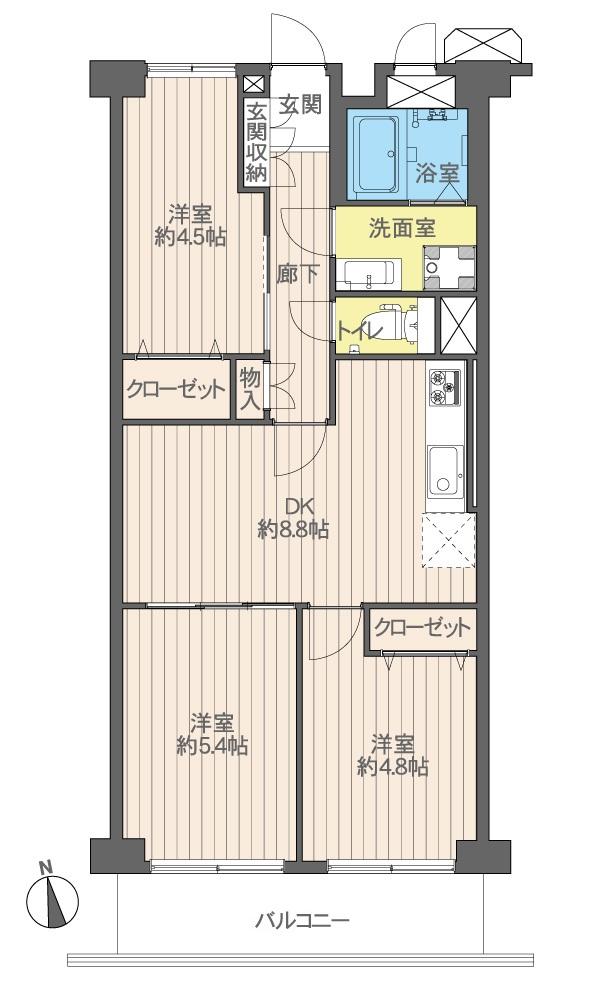 Floor plan. 3DK, Price 18,800,000 yen, Occupied area 54.65 sq m , Balcony area 6.5 sq m