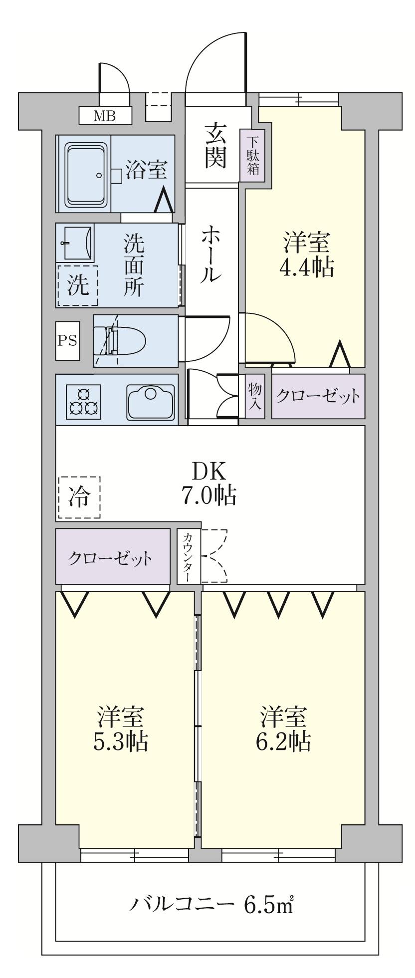 Floor plan. 3DK, Price 19,800,000 yen, Occupied area 54.65 sq m , According to the balcony area 6.5 sq m family configuration, You can use it as 2LDK of 3DK or spread.