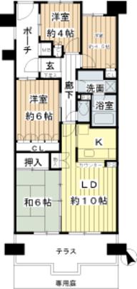 Floor plan. 4LDK, Price 31,800,000 yen, Occupied area 73.76 sq m private porch 6.98 sq m , Private terrace 13.02 sq m , Private garden is a room of 4LDk type with a 10.24 sq m.
