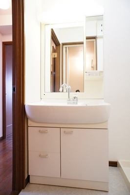 Washroom. Mirror is wide independent wash basin
