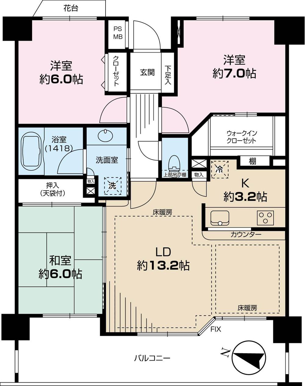 Floor plan. 3LDK, Price 33,800,000 yen, Occupied area 77.52 sq m , Balcony area 14.82 sq m