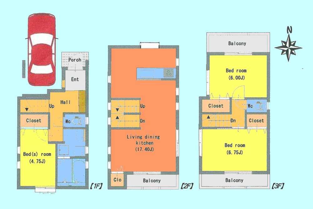 Floor plan. (1 Building), Price 32,800,000 yen, 3LDK, Land area 58.48 sq m , Building area 95.17 sq m