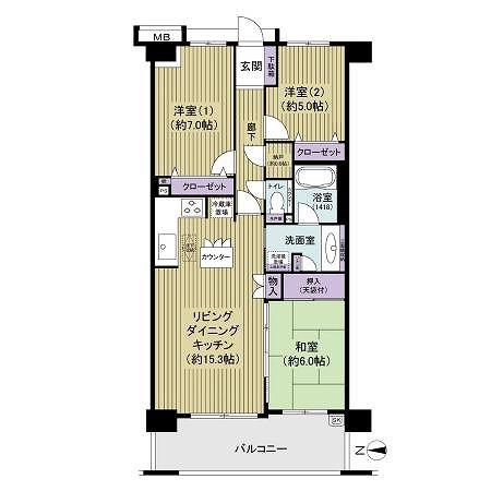 Floor plan. 3LDK, Price 29,800,000 yen, Occupied area 75.34 sq m , Balcony area 12.22 sq m