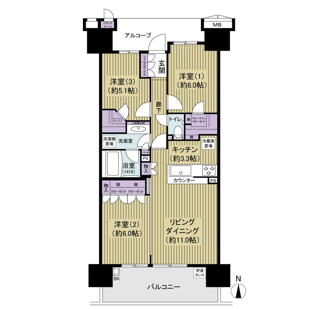 Floor plan. 3LDK, Price 38,800,000 yen, Occupied area 71.35 sq m , Balcony area 12.3 sq m