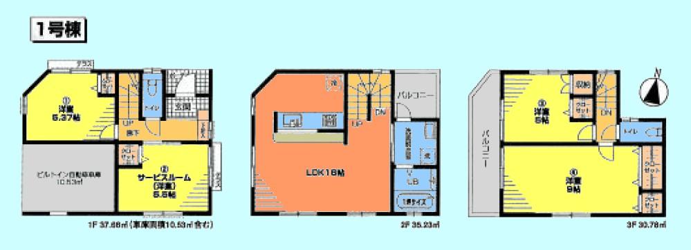 Floor plan. (1 Building), Price 37,800,000 yen, 4LDK, Land area 61.62 sq m , Building area 103.67 sq m