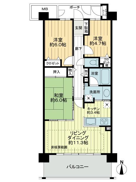 Floor plan. 3LDK, Price 40,800,000 yen, Footprint 71.4 sq m , Balcony area 12 sq m