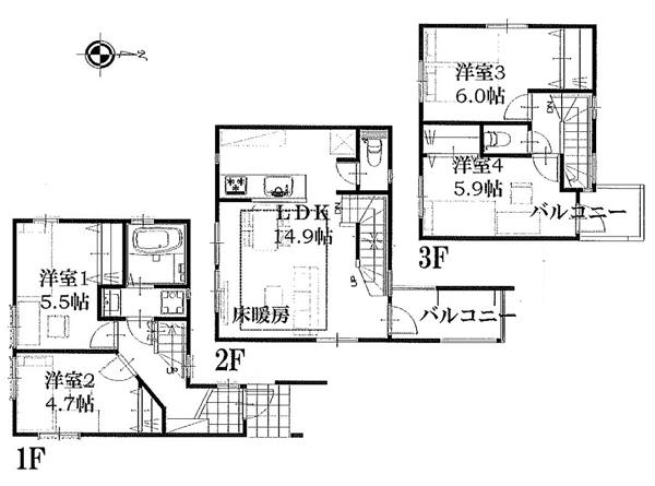 Floor plan. (H Building), Price 28.8 million yen, 4LDK, Land area 64.77 sq m , Building area 87.22 sq m