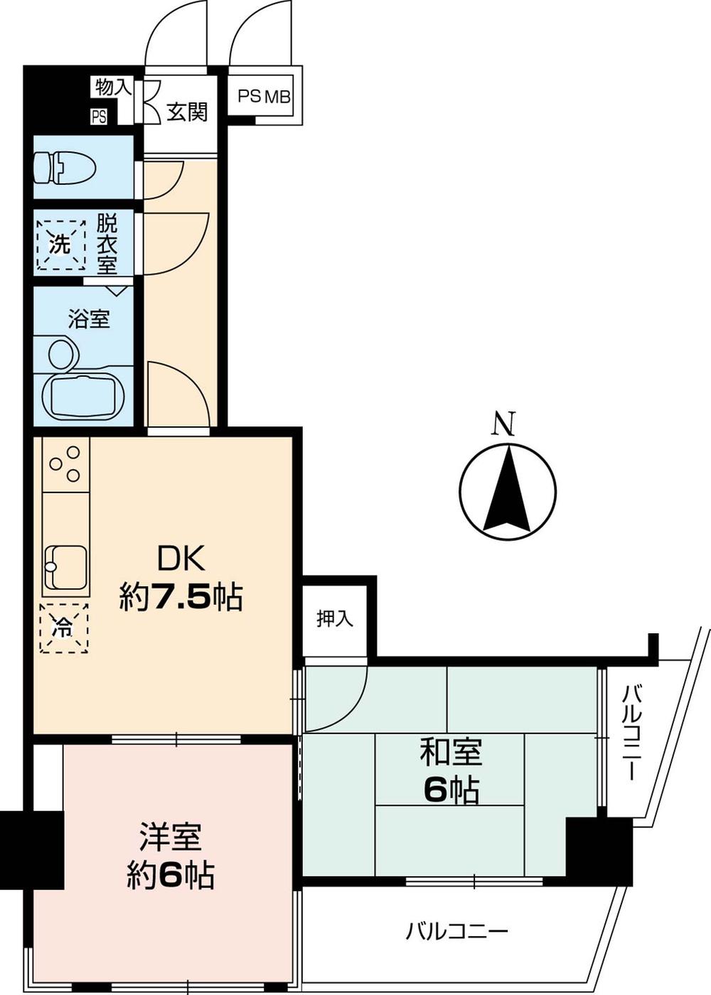 Floor plan. 2DK, Price 10.8 million yen, Occupied area 40.44 sq m , Balcony area 6.5 sq m