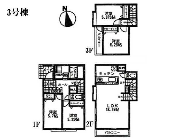Floor plan. (3 Building), Price 33,300,000 yen, 4LDK, Land area 70.01 sq m , Building area 100.18 sq m