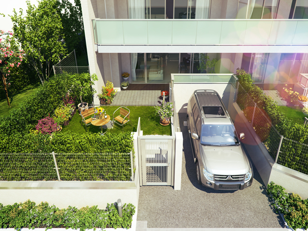 Interior.  [Private garden ・ Private parking Rendering] Green belt to decorate the outer periphery of the grounds, Produce a lush natural landscape to eye level. So as to be continued and its green, Lawn We prepared a private car park and the vivid private garden on the first floor dwelling unit. Consideration to privacy, The layout of the parking space to the position in contact with the Tonarito. Close to bring the stately scenery, such as continuing the detached houses, Is nestled order to deepen the attachment to my home for those who live.  ※ Private parking except for some first floor dwelling unit (Dgtype)
