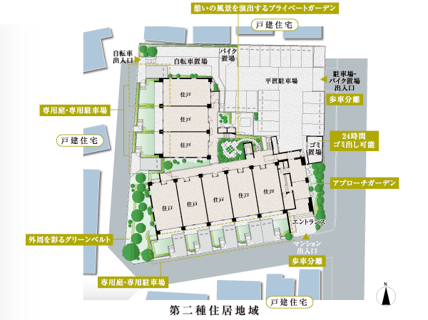 Features of the building.  [Site layout] Placement of residential building is, To ensure good positive contact, To produce a reasonable sense of distance with neighboring, South ・ The two buildings of the west has been configured to be placed in the L-shaped. Courtyard nestled in the residential building is, In the space of rest, which is felt familiar and natural to live. Trees light up will draw a beautiful landscape. Also flat parking, Approach to bicycle parking is a walking roadway separation, We take care for the safety of those who live here.   ※ Site layout of the web is actually a somewhat different in those drawn on the basis of the drawings of the planning stage.