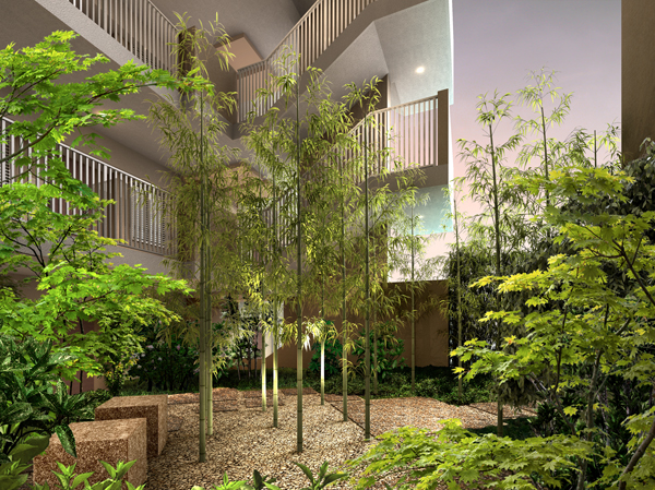 Features of the building.  [Private garden Rendering] From the entrance around the approach Garden to produce a spread, Private garden of green belt and detached sense of connecting to the periphery of the site ・ Private car park, Such as a private garden harboring the rest, Relaxation in the human scale will breathes.
