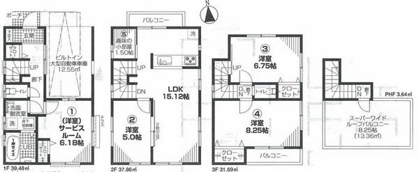 Floor plan. (Building 2), Price 39,800,000 yen, 3LDK+S, Land area 54.59 sq m , Building area 112.57 sq m