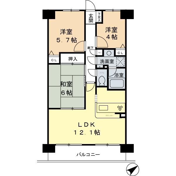 Floor plan. 3LDK, Price 20.8 million yen, Occupied area 62.92 sq m , Is taken between the counter kitchen of balcony area 8.92 sq m LDK12 Pledge.