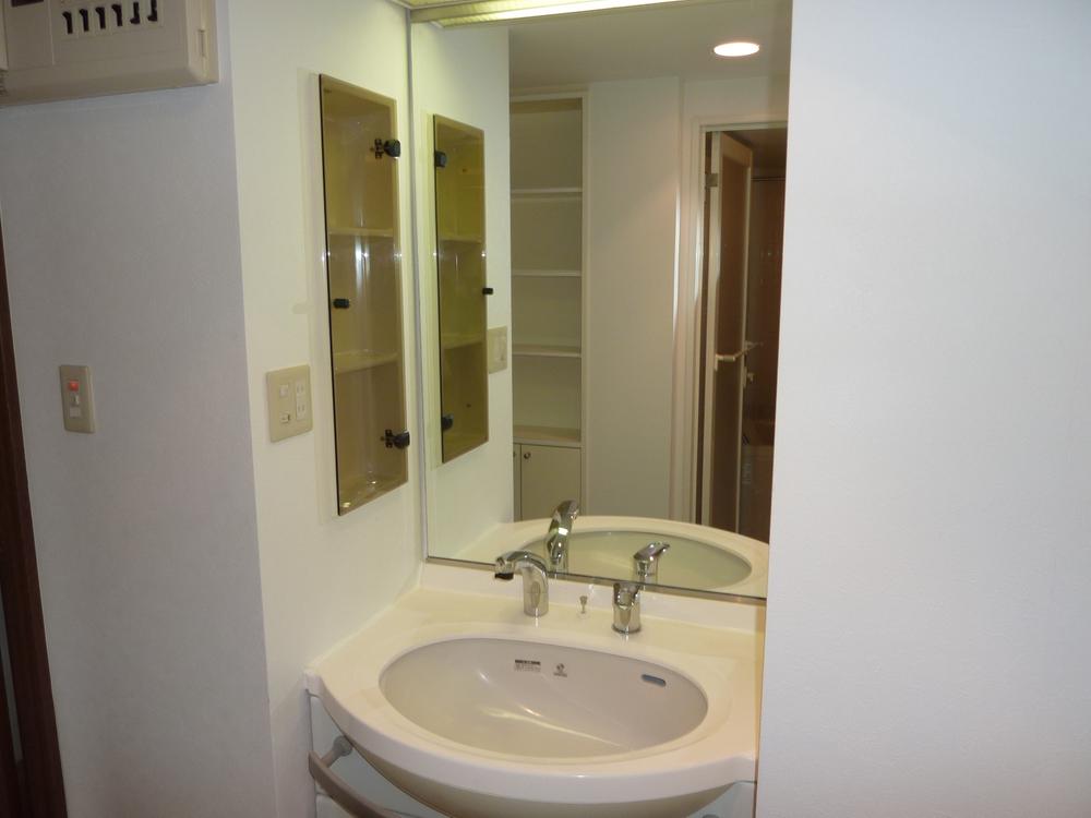 Wash basin, toilet. Wash basin with a large mirror shower
