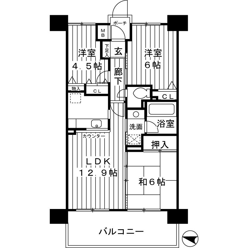 Floor plan. 3LDK, Price 25,800,000 yen, Occupied area 63.13 sq m , Balcony area 15.6 sq m