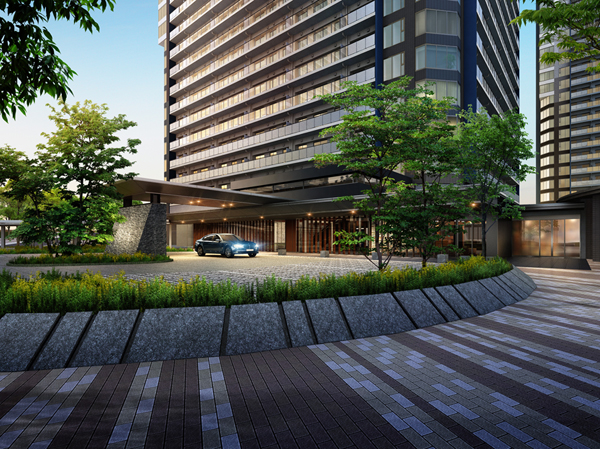 Shared facilities.  [Design to connect with green continuity] Connect with Rivarie Avenue tree-lined, Entrance approach surrounded by greenery. Of course the day of rain, Convenient driveway Ya also getting on and off of the usual car, Nestled is a louver fin of orderly appearance, You story the idea of ​​Yingbin. (Bright patio Rendering)
