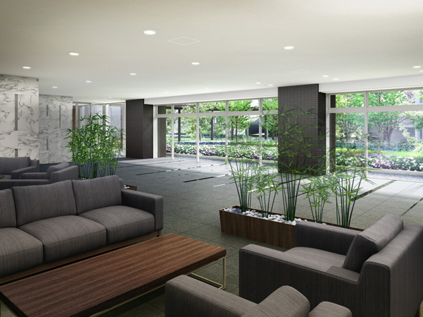 Shared facilities.  [Bright lounge] A pure, Space atmosphere of calm drifts. The sun to shine in through the window, It portrays a restful time. (Bright lounge Rendering)