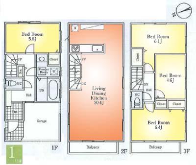 Floor plan. (1 Building), Price 35,800,000 yen, 4LDK, Land area 60.03 sq m , Building area 111.06 sq m