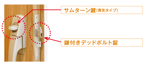 Security.  [Thumb turn key & sickle with a dead bolt lock] To prevent thumb turning using a tool from the outside, We have introduced the thumb of security specifications. Also, Also trying to break the door open bar, etc., Projection is caught incorrect tablets such as sickle is difficult. It is a specification to enhance the crime prevention effect. (Conceptual diagram ・ Photo is the same specification)