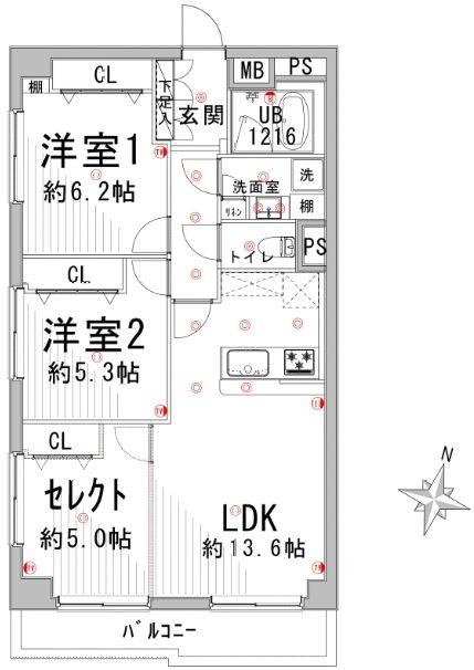Floor plan. 3LDK, Price 24,700,000 yen, Footprint 69.3 sq m , It is available on the balcony area 6.77 sq m 2LDKor3LDK select Free.