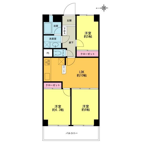 Floor plan. 3LDK, Price 20.8 million yen, Occupied area 61.28 sq m , Balcony area 7.84 sq m