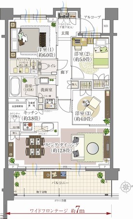Other. 3LDK plan of LD attractive spread wide. Adopted with no window frame picture window in the center, Guests can indulge in a sense of unity with the outdoors while are in the LD. (C type furniture arrangement example. furniture ・ Furniture etc. are not included in the sale price. )