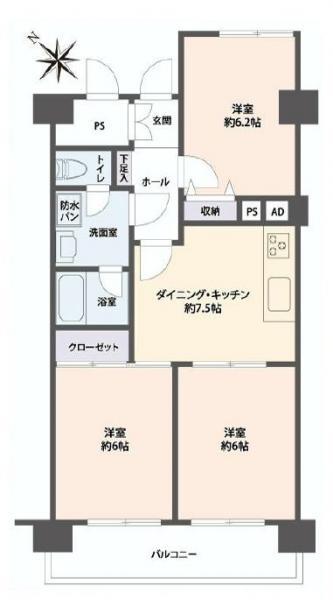 Floor plan. 3DK, Price 18,800,000 yen, Occupied area 58.17 sq m , Balcony area 7.44 sq m