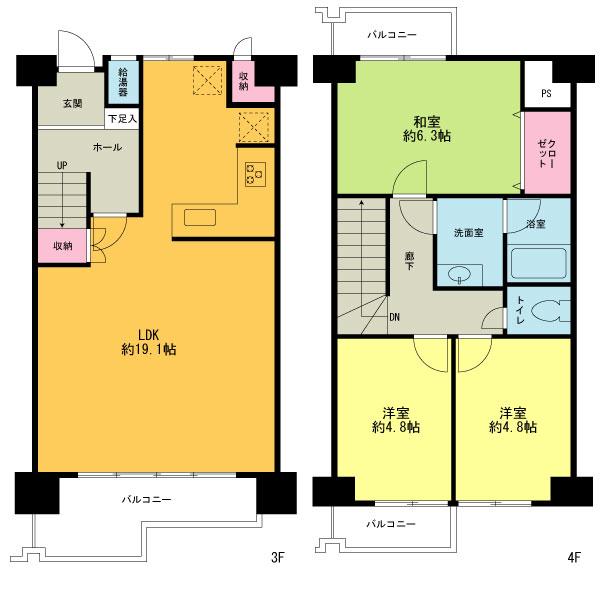 Floor plan. 3LDK, Price 34,800,000 yen, Occupied area 77.42 sq m , Balcony area 8.1 sq m maisonette