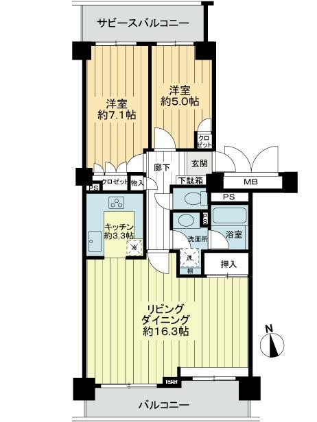 Floor plan. 2LDK, Price 26,800,000 yen, Footprint 70.9 sq m , Balcony area 15.3 sq m